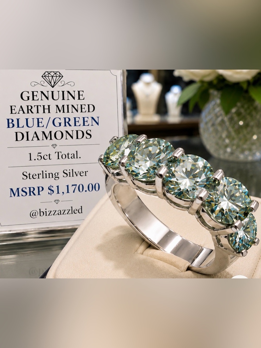 CLEARANCE‼️ Certified Diamond Ring Blue Green. Sterling Silver 1.5ct